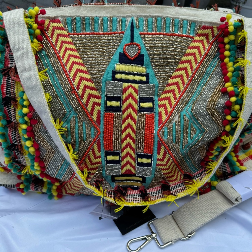 America and Beyond Large Crossbody Beaded Embellished Tassel Zip Top Tote